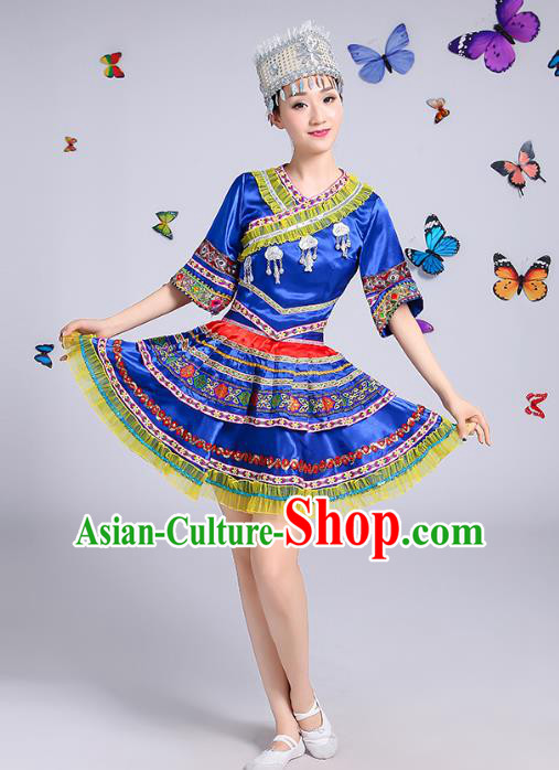 Traditional Chinese Miao Nationality Dance Costume, Hmong Female Folk Dance Ethnic Pleated Skirt Embroidery Clothing for Women