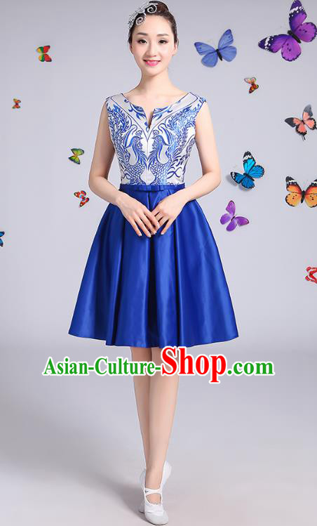 Traditional Chinese Modern Dance Opening Dance Clothing Chorus Blue Dress Costume for Women