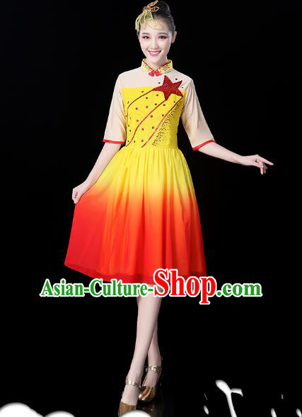 Traditional Chinese Modern Dance Opening Dance Clothing Chorus Yellow Dress for Women