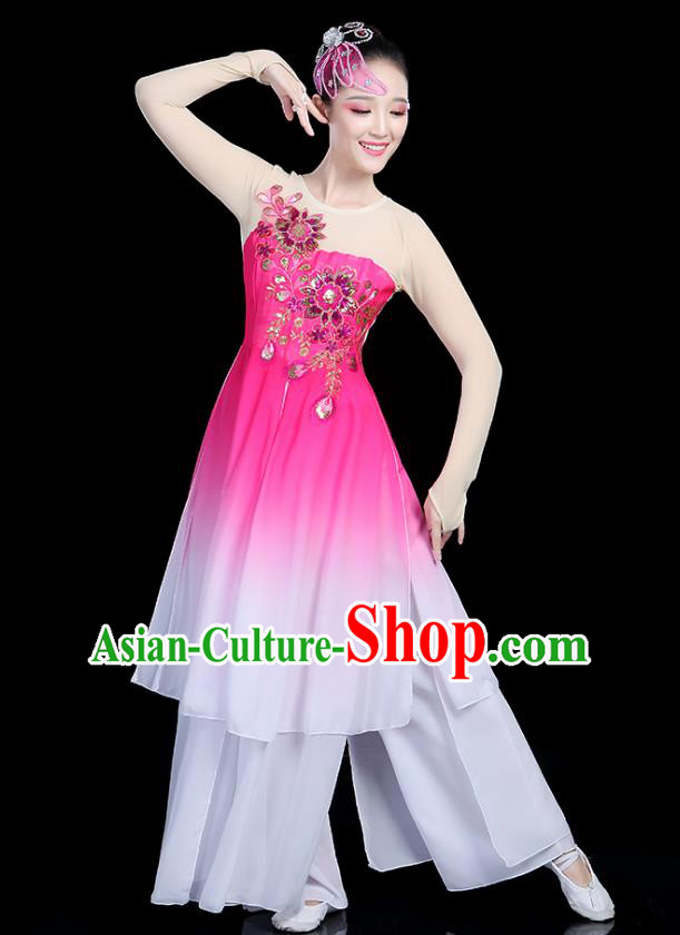 Traditional Chinese Classical Dance Pink Uniform Fan Dance Costume, China Yangko Folk Umbrella Dance Clothing for Women