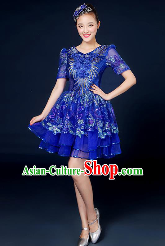 Traditional Chinese Modern Dance Opening Dance Clothing Chorus Classical Dance Blue Bubble Dress for Women