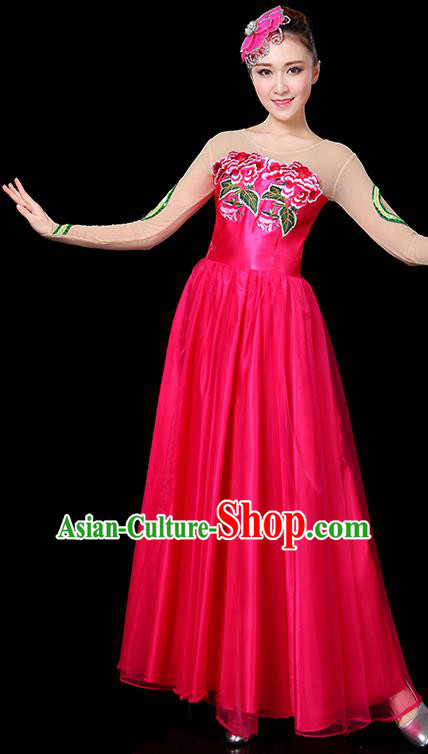 Traditional Chinese Modern Dance Opening Dance Clothing Chorus Classical Dance Embroidered Rosy Long Dress for Women