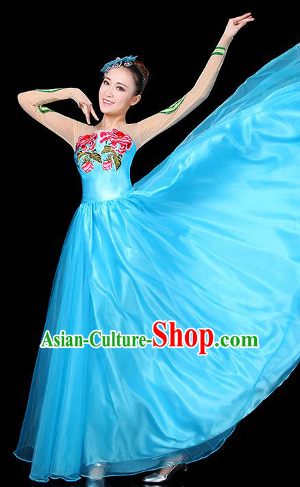 Traditional Chinese Modern Dance Opening Dance Clothing Chorus Classical Dance Embroidered Blue Long Dress for Women