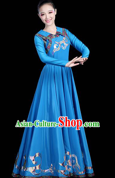 Traditional Chinese Mongol Nationality Dance Costume, Chinese Mongolian Minority Folk Dance Embroidery Blue Dress Clothing for Women