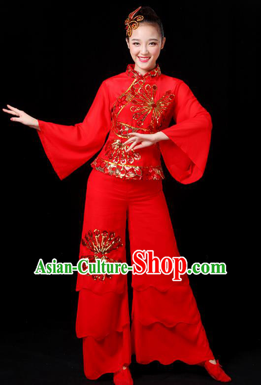 Traditional Chinese Yangge Fan Dance Embroidered Red Uniform, China Classical Folk Yangko Umbrella Dance Clothing for Women