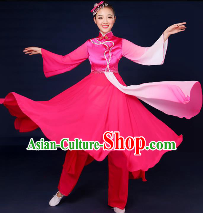 Traditional Chinese Yangge Fan Dance Embroidered Pink Dress, China Classical Folk Yangko Umbrella Dance Clothing for Women