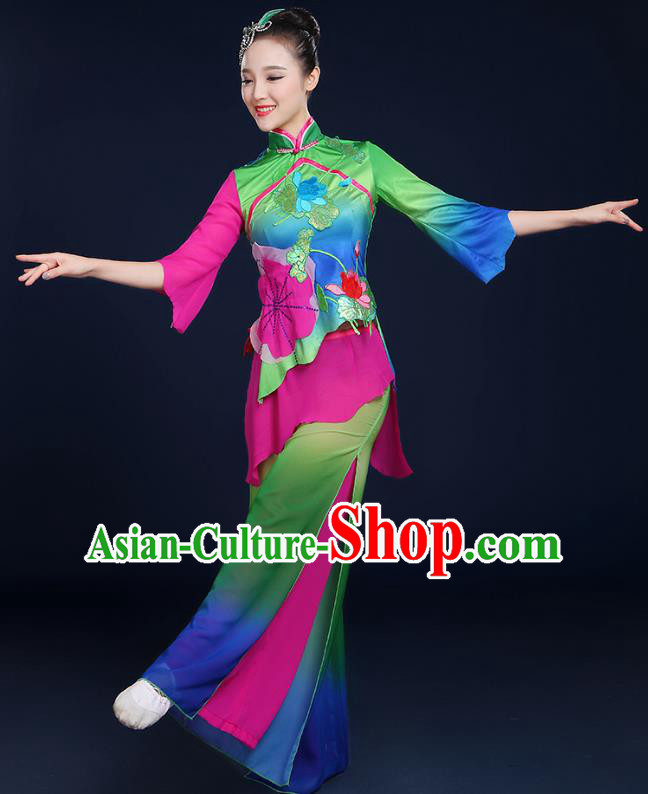 Traditional Chinese Folk Yangge Fan Classical Dance Lotus Green Uniform, China Yangko Drum Dance Clothing for Women