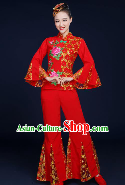 Traditional Chinese Folk Yangge Fan Classical Dance Embroidered Red Uniform, China Yangko Drum Dance Clothing for Women