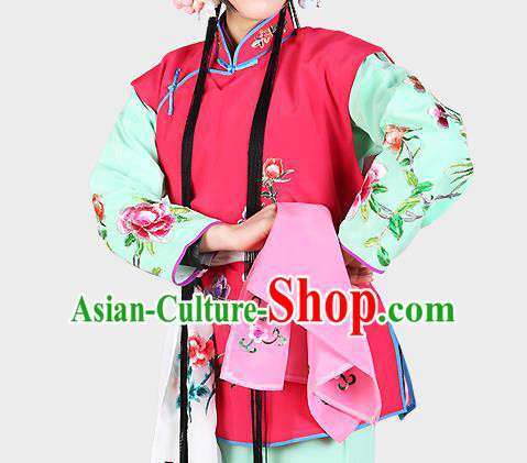 Chinese Beijing Opera Servant Girl Costume Embroidered Rosy Vest, China Peking Opera Actress Embroidery Waistcoat Clothing