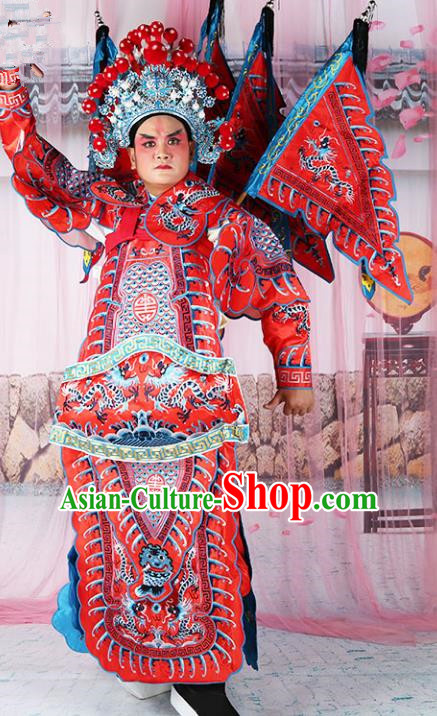 Chinese Beijing Opera General Costume Red Embroidered Robe, China Peking Opera Embroidery Gwanbok Clothing