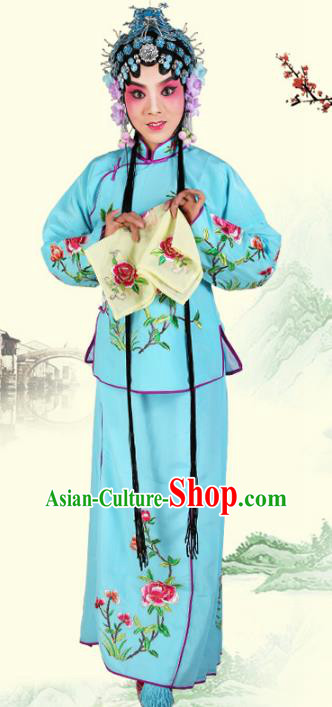 Chinese Beijing Opera Actress Embroidered Peony Costume, China Peking Opera Servant Girl Embroidery Blue Clothing