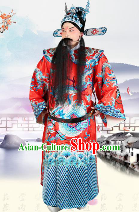 Chinese Beijing Opera Royal Highness Costume Red Embroidered Robe, China Peking Opera Prime Minister Embroidery Gwanbok Clothing