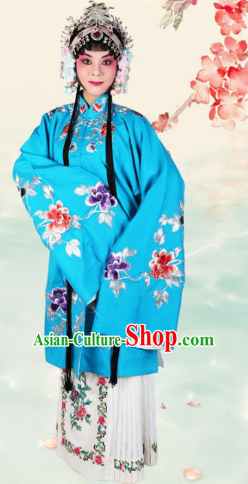 Chinese Beijing Opera Actress Embroidered Peony Blue Costume, China Peking Opera Diva Embroidery Clothing