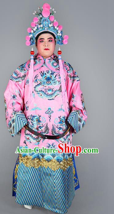 Chinese Beijing Opera Prime Minister Costume Pink Embroidered Robe, China Peking Opera Embroidery Dragon Gwanbok Clothing