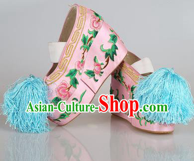 Asian Chinese Beijing Opera Actress Pink Embroidered Shoes, Traditional China Peking Opera Diva Hanfu Blood Stained Shoes