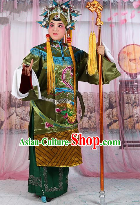 Chinese Beijing Opera Old Women Costume Green Embroidered Robe, China Peking Opera Pantaloon Embroidery Clothing