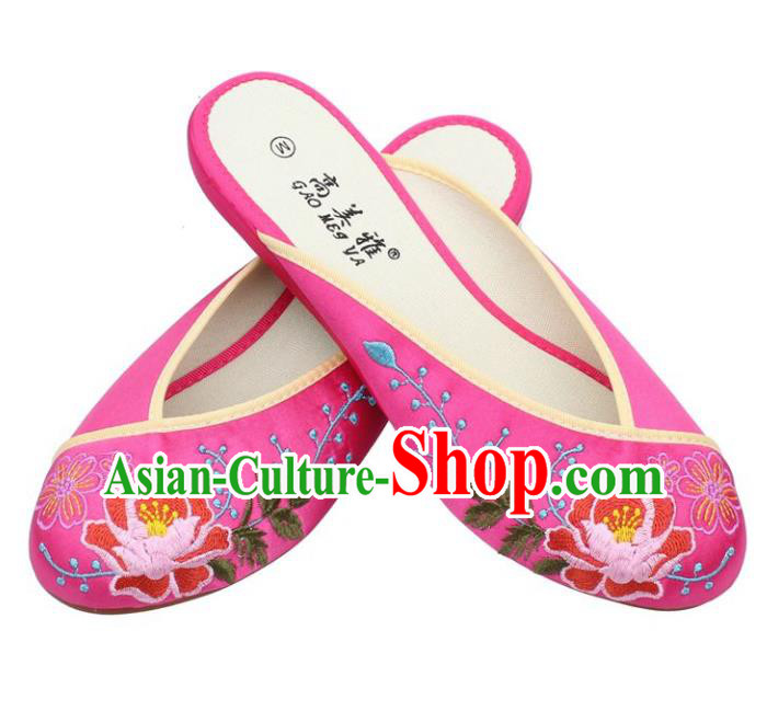 Traditional Chinese National Bride Pink Embroidered Shoes, China Handmade Embroidery Peony Hanfu Slippers for Women