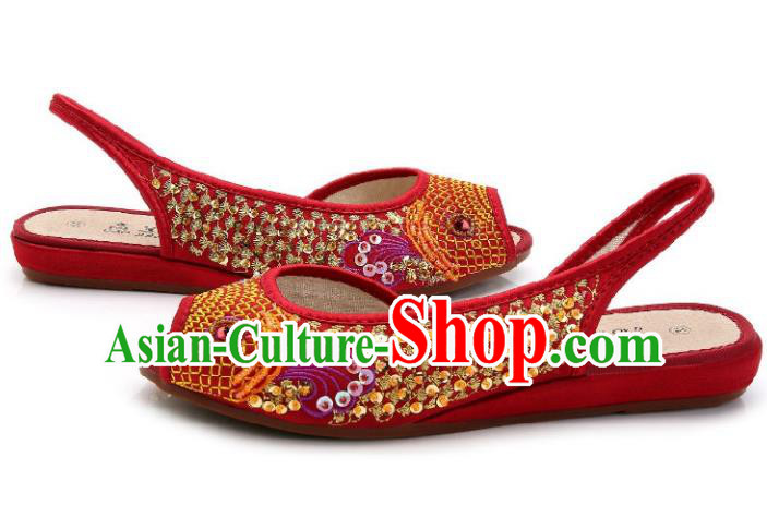 Traditional Chinese National Bride Red Paillette Embroidered Sandal, China Handmade Embroidery Flowers Peep-toe Shoes for Women
