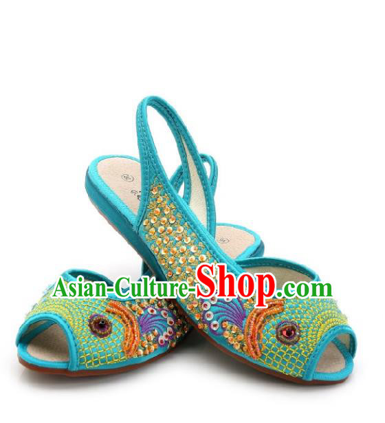 Traditional Chinese National Bride Blue Paillette Embroidered Sandal, China Handmade Embroidery Flowers Peep-toe Shoes for Women