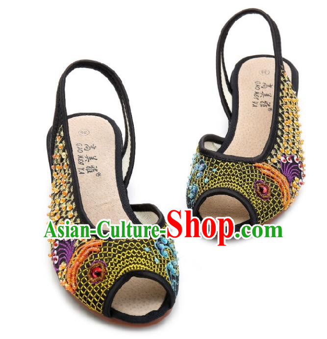 Traditional Chinese National Bride Black Paillette Embroidered Sandal, China Handmade Embroidery Flowers Peep-toe Shoes for Women