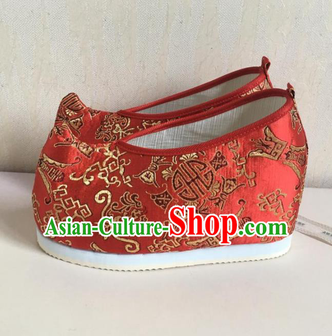 Traditional Chinese Ancient Han Dynasty Princess Embroidered Red Blood Stained Shoes, China Handmade Hanfu Embroidery Wedding Shoes for Women