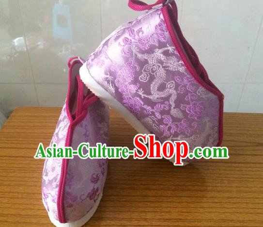 Traditional Chinese Ancient Swordsman Purple Satin Shoes, China Handmade Peking Opera Hanfu Embroidery Shoes for Women