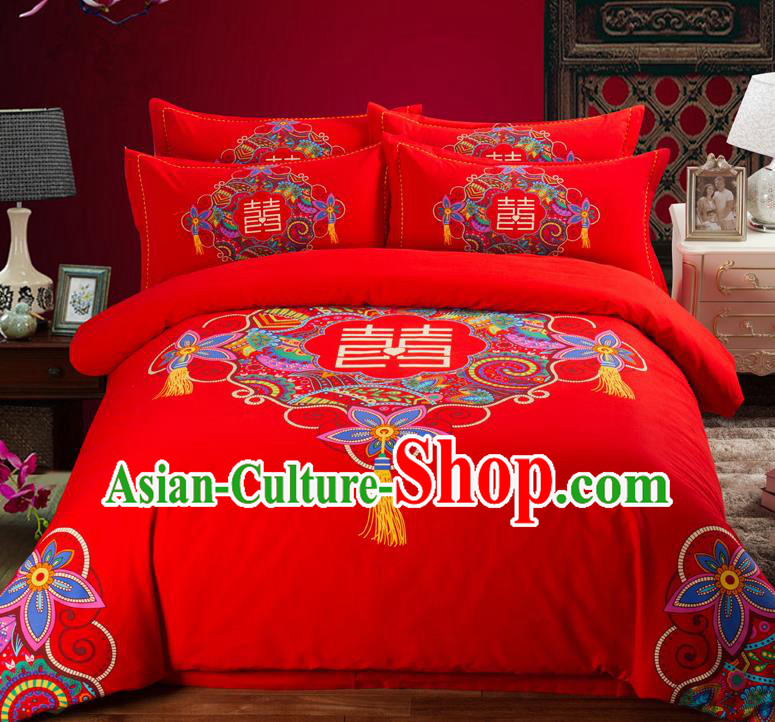 Traditional Chinese Style Wedding Bedding Set, China National Marriage Printing Xi Character Flowers Red Textile Bedding Sheet Quilt Cover Complete Set
