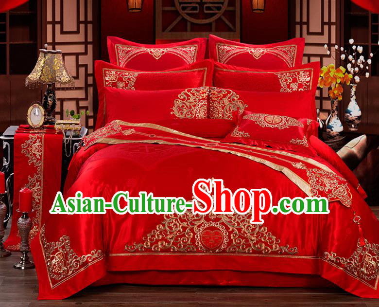 Traditional Chinese Style Wedding Bedding Set, China National Marriage Embroidery Red Textile Bedding Sheet Quilt Cover 11-piece suit