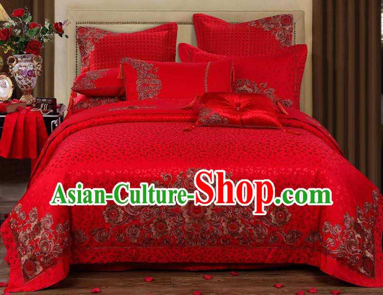 Traditional Chinese Style Wedding Bedding Set, China National Marriage Embroidery Red Satin Textile Bedding Sheet Quilt Cover 10-piece suit