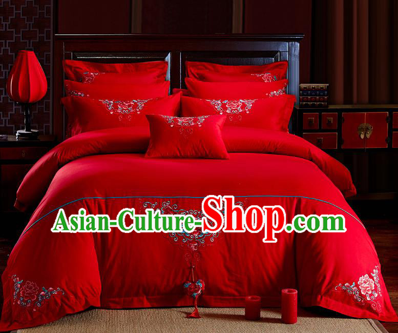 Traditional Chinese Style Wedding Bedding Set, China National Marriage Embroidery Peony Red Textile Bedding Sheet Quilt Cover Six-piece suit