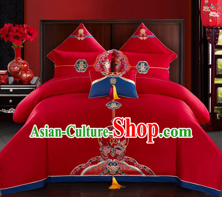 Traditional Chinese Style Wedding Bedding Set, China National Marriage Printing Peking Opera Red Textile Bedding Sheet Quilt Cover Four-piece suit
