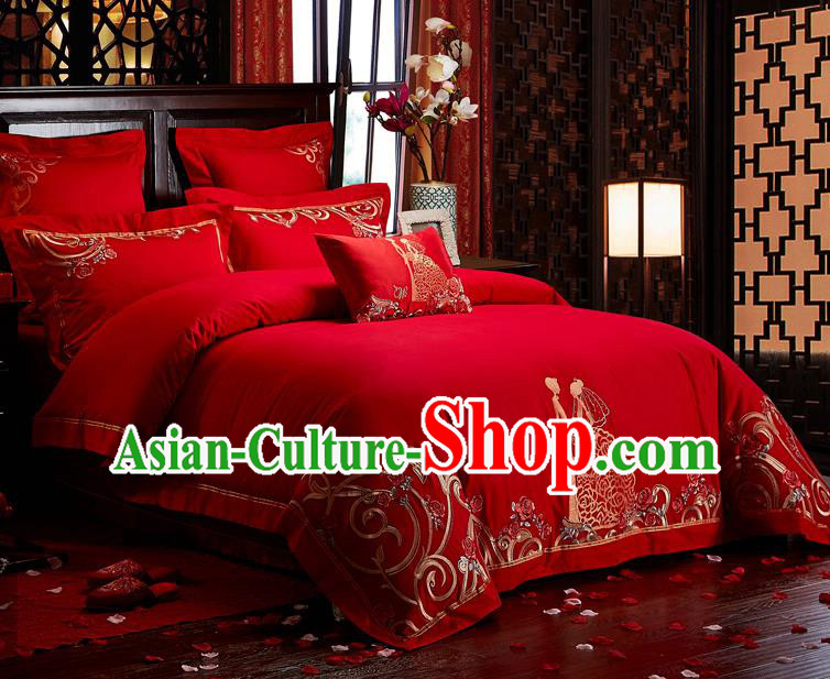 Traditional Chinese Style Wedding Bedding Set, China National Marriage Embroidery Bride Red Textile Bedding Sheet Quilt Cover Seven-piece suit