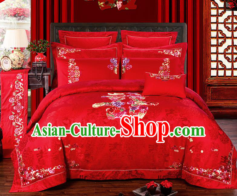 Traditional Chinese Style Marriage Bedding Set Embroidered Peony Wedding Celebration Red Satin Drill Textile Bedding Sheet Quilt Cover Ten-piece Suit