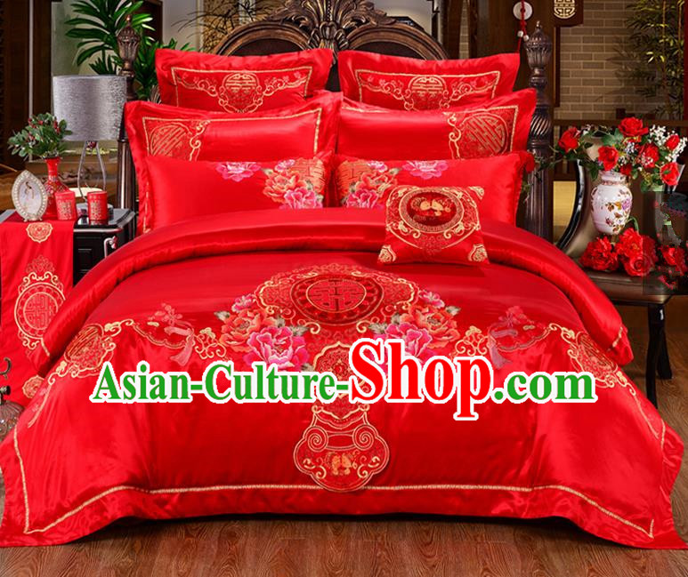 Traditional Chinese Style Marriage Embroidered Peony Bedding Set Wedding Celebration Red Satin Drill Textile Bedding Sheet Quilt Cover Ten-piece Suit