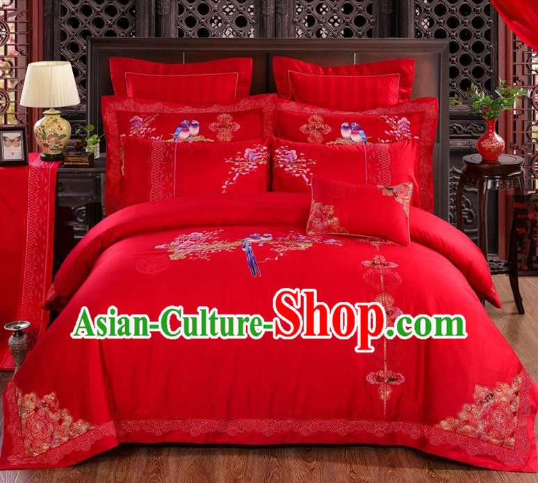 Traditional Chinese Style Marriage Embroidered Magpie Bedding Set Wedding Celebration Red Satin Drill Textile Bedding Sheet Quilt Cover Ten-piece Suit