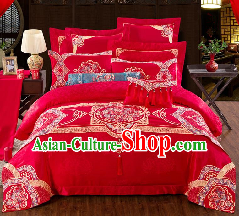 Traditional Chinese Style Marriage Embroidered Bedding Set Wedding Celebration Red Satin Drill Textile Bedding Sheet Quilt Cover Eleven-piece Suit