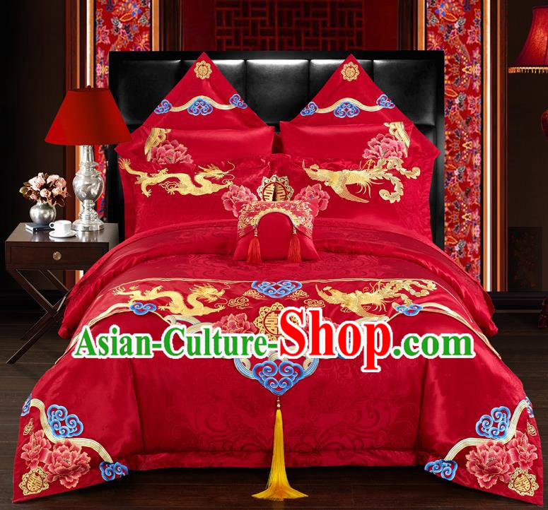 Traditional Chinese Style Marriage Embroidered Dragon and Phoenix Bedclothes Set Wedding Celebration Red Satin Drill Textile Bedding Sheet Quilt Cover Ten-piece Suit