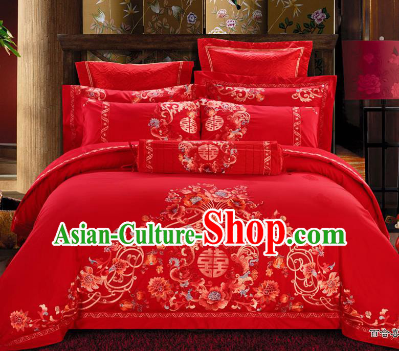 Traditional Chinese Style Marriage Embroidered Peony Bedclothes Set Wedding Celebration Red Satin Drill Textile Bedding Sheet Quilt Cover Ten-piece Suit
