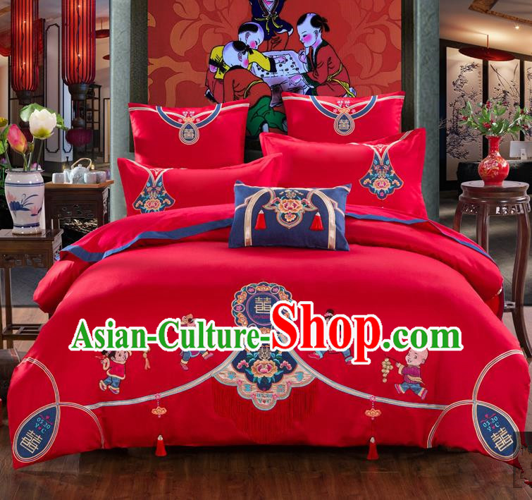 Traditional Chinese Style Wedding Bedding Set, China National Marriage Printing Children Red Textile Bedding Sheet Quilt Cover Seven-piece suit