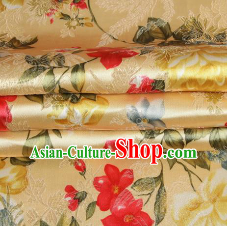 Chinese Royal Palace Traditional Costume Peony Pattern Yellow Satin Brocade Fabric, Chinese Ancient Clothing Drapery Hanfu Cheongsam Material