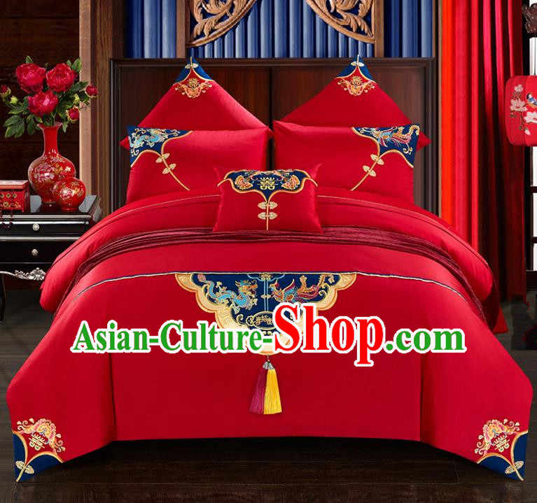 Traditional Chinese Style Wedding Bedding Set, China National Marriage Printing Twin Bliss Red Textile Bedding Sheet Quilt Cover Seven-piece suit