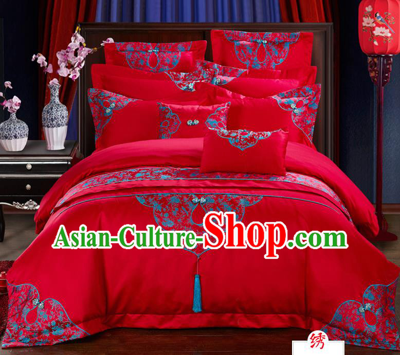 Traditional Chinese Style Marriage Bedding Set, China National Embroidered Wedding Red Textile Bedding Sheet Quilt Cover Four-piece suit