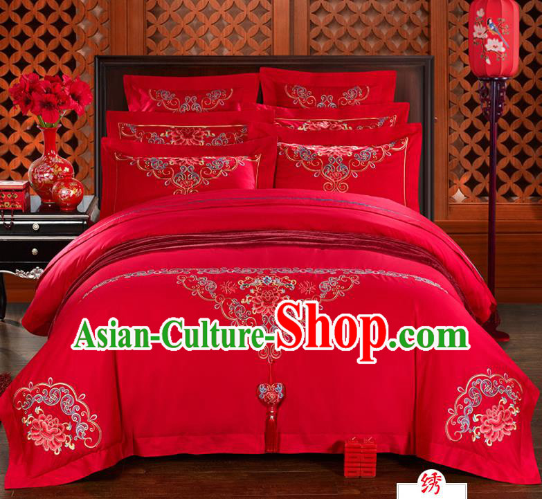 Traditional Chinese Style Marriage Bedding Set, China National Embroidered Peony Wedding Red Textile Bedding Sheet Quilt Cover Four-piece suit