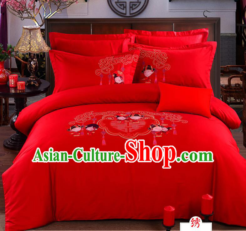 Traditional Chinese Style Marriage Bedding Set, China National Embroidered Wedding Rosy Textile Bedding Sheet Quilt Cover Four-piece suit