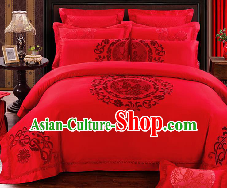 Traditional Chinese Style Marriage Bedding Set Embroidered Magpie Wedding Red Satin Drill Textile Bedding Sheet Quilt Cover Ten-piece Suit