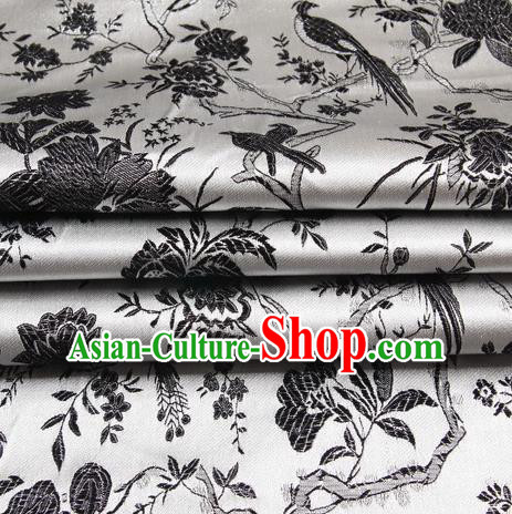 Chinese Royal Palace Traditional Costume Black Magpie Pattern White Satin Brocade Fabric, Chinese Ancient Clothing Drapery Hanfu Cheongsam Material