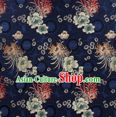 Chinese Traditional Costume Royal Palace Chrysanthemum Pattern Blue Satin Brocade Fabric, Chinese Ancient Clothing Drapery Hanfu Cheongsam Material