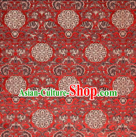 Chinese Traditional Costume Royal Palace Guanyin Flowers Pattern Red Satin Brocade Fabric, Chinese Ancient Clothing Drapery Hanfu Cheongsam Material