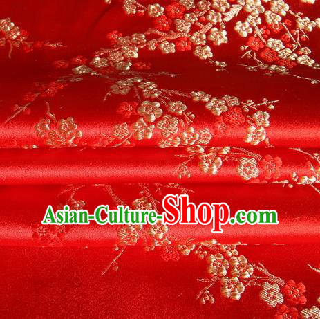 Chinese Royal Palace Traditional Costume Plum Blossom Pattern Red Satin Brocade Fabric, Chinese Ancient Clothing Drapery Hanfu Cheongsam Material