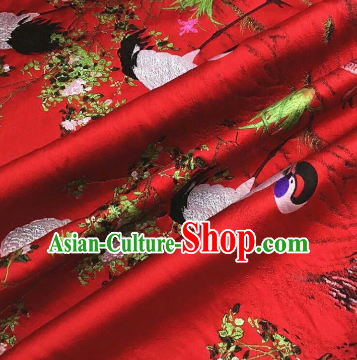 Chinese Traditional Costume Royal Palace Jacquard Weave Crane Red Brocade Fabric, Chinese Ancient Clothing Drapery Hanfu Cheongsam Material